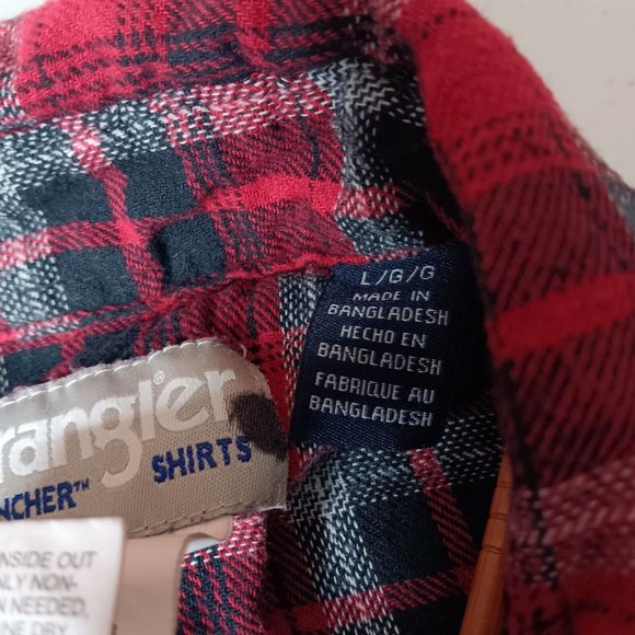 Wrangler Wrancher Mens Large Flannel Shirt Red Plaid Western Pearl Snap Cowboy - Picture 8 of 14